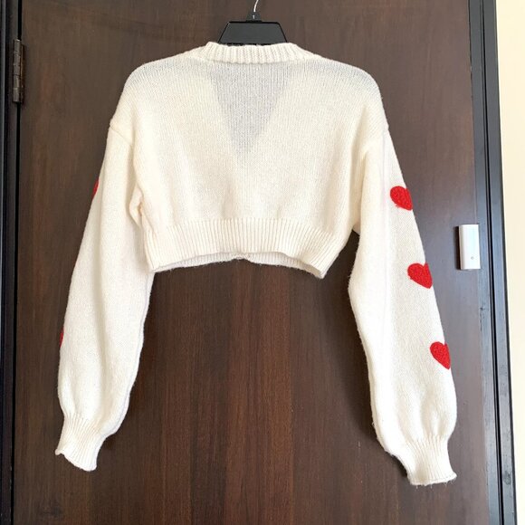 ROMWE Cream Cropped Cardigan Red Heart Print Women Size S Long Sleeves Valentine - Picture 2 of 10